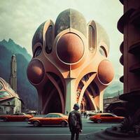 Retro Futuristic Cityscape 70s Style AI Generated Architectural Masterpiece photo