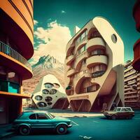 retro futurista paisaje urbano 70s estilo ai generado arquitectónico obra maestra foto