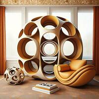 Futuristic Gyroid Sculpture in Retro Poch Living Room   generative ai photo