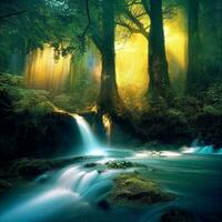 Enchanting Forest Waterfall Sunlit Serenity   generative ai photo