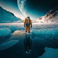 Cosmic Expedition Cosmonaut on Frozen Planet   generative ai photo