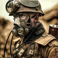 Retrofuturistic Cyborg WWI Soldier on the Battlefield   generative ai photo