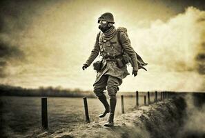 Retrofuturistic Cyborg WWI Soldier on the Battlefield   generative ai photo