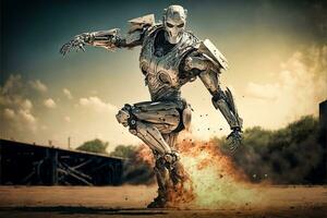 Retrofuturistic Cyborg WWI Soldier on the Battlefield   generative ai photo