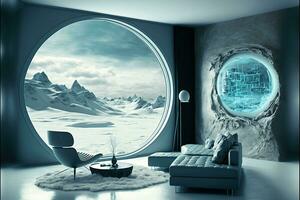 Futuristic Living Room on Frozen Alien Planet   generative ai photo