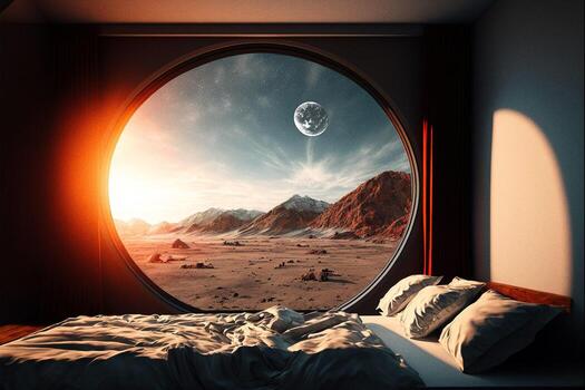 Bedroom with Round Window and View of Mars   AI Generated Image photo