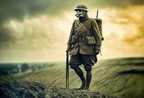 Retrofuturistic Cyborg WWI Soldier on the Battlefield   generative ai photo