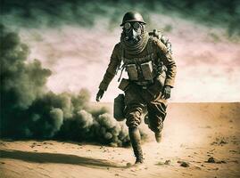 retrofuturista cyborg wwi soldado en el campo de batalla generativo ai foto