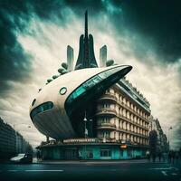 Retro Futuristic Cityscape 70s Style AI Generated Architectural Masterpiece photo