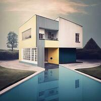 futurista Bauhaus arquitectura ai generado casa reflejando en piscina foto