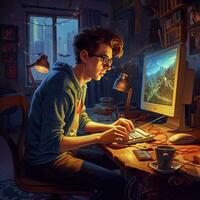 a young nerd in his room facing his computer, colorful comic style drawing   generative AI photo