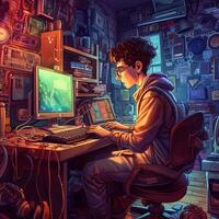 a young nerd in his room facing his computer, colorful comic style drawing   generative AI photo