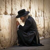 A Hasidic Jew Praying on the Western Wall in Jerusalem   generative AI photo