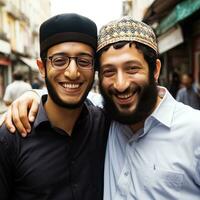 un judío y musulmán amigo, sonriente en Jerusalén generativo ai foto