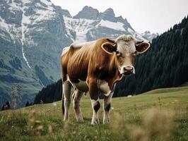 AI Generated Landscape Majestic Cow Grazing in the Alp Mountains photo