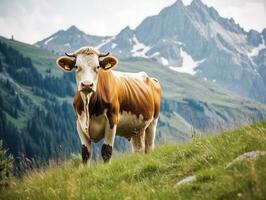 AI Generated Landscape Majestic Cow Grazing in the Alp Mountains photo