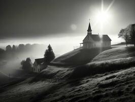 A small church in the countryside on a foggy morning with beautiful sunlight in front, black and white photo   generative ai