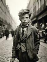 Nostalgic Parisian Streets Vintage 30s Boy   BW AI Generative Art photo