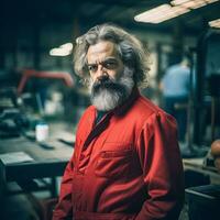 Modern Karl Marx   Red Clad Worker in AI Generated Factory Scene photo