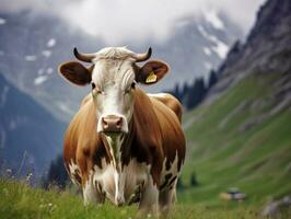 AI Generated Landscape Majestic Cow Grazing in the Alp Mountains photo