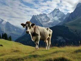 AI Generated Landscape Majestic Cow Grazing in the Alp Mountains photo