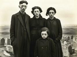 dolor desvelado familia en luto en medio de el oscuridad. un solemne familia, cubierto en luto negro, reúne a un cementerio durante el 30s genial depresión. generativo ai foto