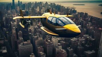 Futuristic Yellow Flying Cab Soaring Over Manhattan   generative ai photo