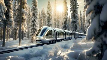 Futuristic Train Journey Through Frozen Forest   generative ai photo