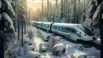 Futuristic Train Journey Through Frozen Forest   generative ai photo