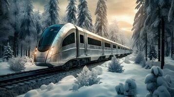 Futuristic Train Journey Through Frozen Forest   generative ai photo