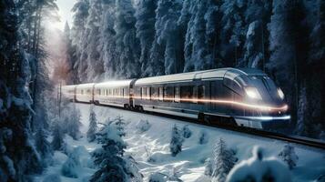 Futuristic Train Journey Through Frozen Forest   generative ai photo