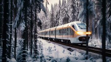 Futuristic Train Journey Through Frozen Forest   generative ai photo