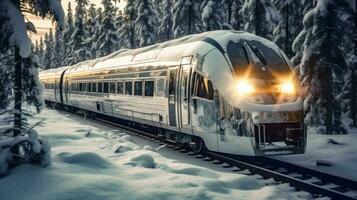 Futuristic Train Journey Through Frozen Forest   generative ai photo