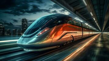 Futuristic Nighttime Train in Motion   generative ai photo