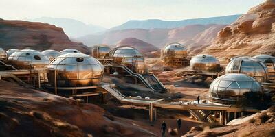 Human Colony on Mars Red Horizon Settlement   generative ai photo