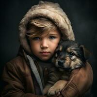 Enchanting Bond Generative AI Image of a Child Embracing a Gorgeous Puppy photo