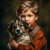 Enchanting Bond Generative AI Image of a Child Embracing a Gorgeous Puppy photo