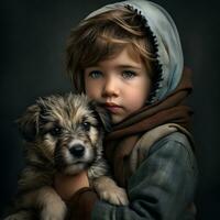 Enchanting Bond Generative AI Image of a Child Embracing a Gorgeous Puppy photo