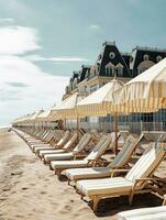 beach umbrellas and lounge chairs on a normandy beach in Cabourg style   generative AI photo