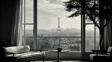 Luxury Minimalistic Living Room with Eiffel Tower View   generative ai photo