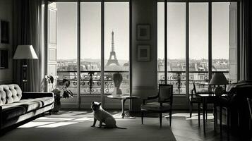 Elegance Overlooking Paris Minimalistic Luxury Living Room with Eiffel Tower View   generative ai photo