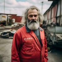 neo marx un generativo retrato de karl marx en contemporáneo labor atuendo foto