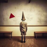 Retrograde Classroom Discipline Punished Pupil in Dunce Cap   generative ai photo