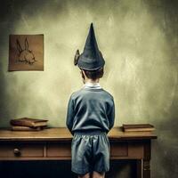 Retrograde Classroom Discipline Punished Pupil in Dunce Cap   generative ai photo