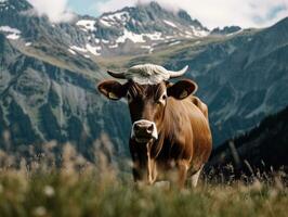 ai generado paisaje majestuoso vaca pasto en el montaña montañas foto