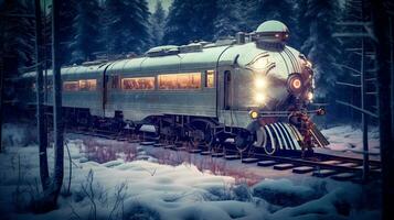 retrofuturista Steampunk tren en medio de siberiano congelado bosque generativo ai foto