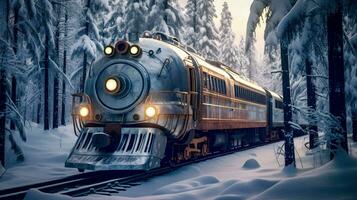 retrofuturista Steampunk tren en medio de siberiano congelado bosque generativo ai foto