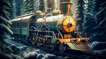 retrofuturista Steampunk tren en medio de siberiano congelado bosque generativo ai foto