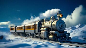 retrofuturista Steampunk tren en alto velocidad movimiento, nieve, generativo ai foto