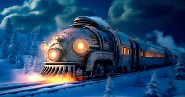 retrofuturista Steampunk tren en alto velocidad movimiento, nieve, generativo ai foto